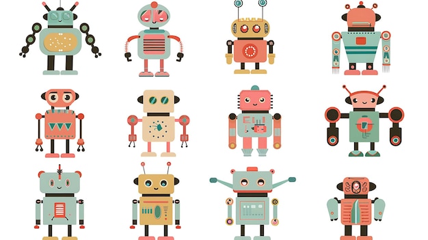 Uma coleção de 12 robôs de desenho animado coloridos em vários estilos