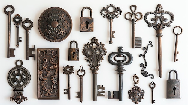 Foto uma coleção de antigas chaves e fechaduras em um fundo branco as chaves são feitas de diferentes metais e têm diferentes formas e tamanhos