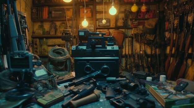 Uma coleção de armas e um monte de luzes penduradas no teto