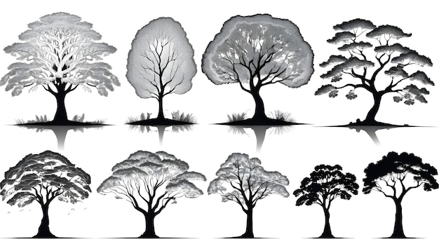 uma coleção de árvores com um céu cinza e um deles tem um fundo cinza e branco