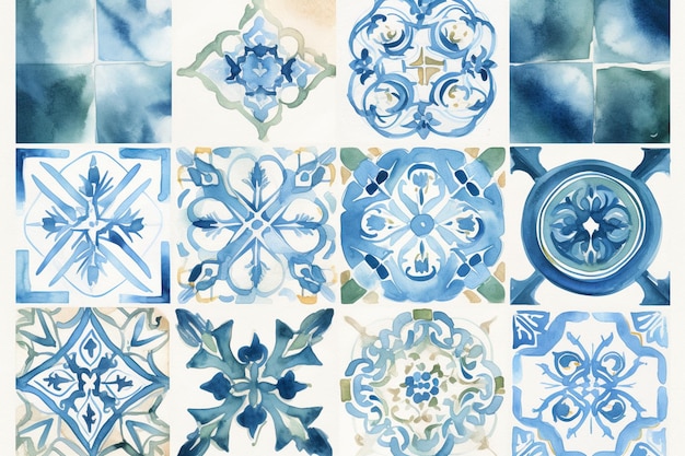 Uma coleção de azulejos com designs diferentes, incluindo o mesmo design.