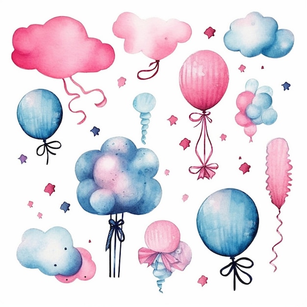 Uma coleção de balões e nuvens com corações e estrelas.