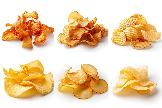 Foto uma coleção de batatas fritas em uma superfície branca