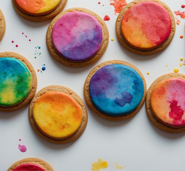 uma coleção de biscoitos coloridos com diferentes cores e cores sobre eles