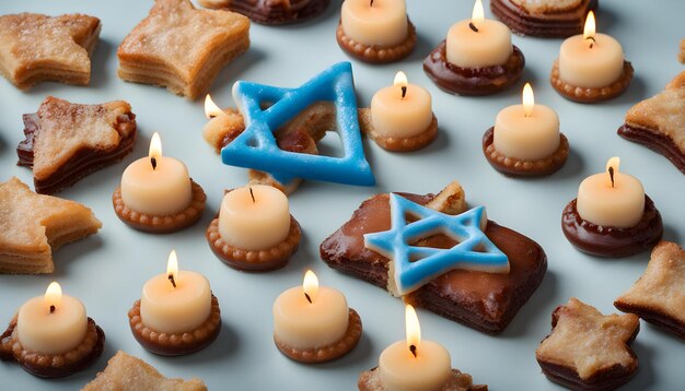 Foto uma coleção de biscoitos de natal com uma vela em forma de estrela azul