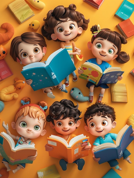 Foto uma coleção de bonecas infantis, incluindo uma delas lendo um livro