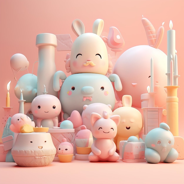 Uma coleção de brinquedos e um coelho em um fundo rosa.