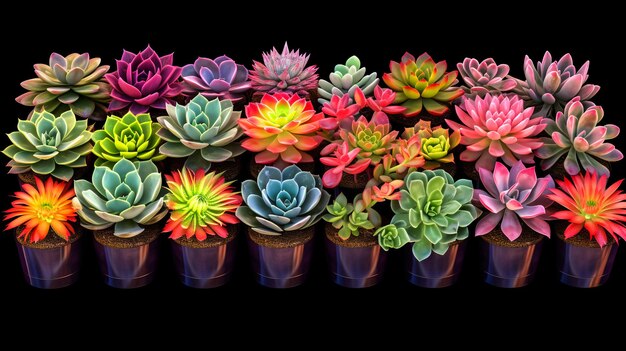 uma coleção de cactos coloridos em uma fila