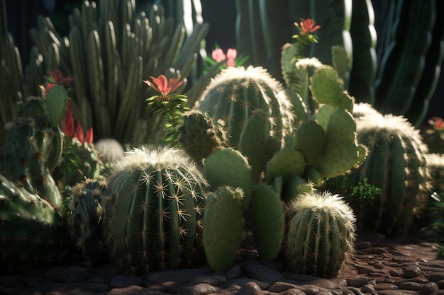 Uma coleção de cactos em um jardim com uma flor vermelha.