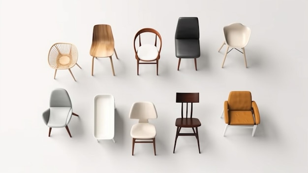 Uma coleção de cadeiras com diferentes estilos de cadeiras.