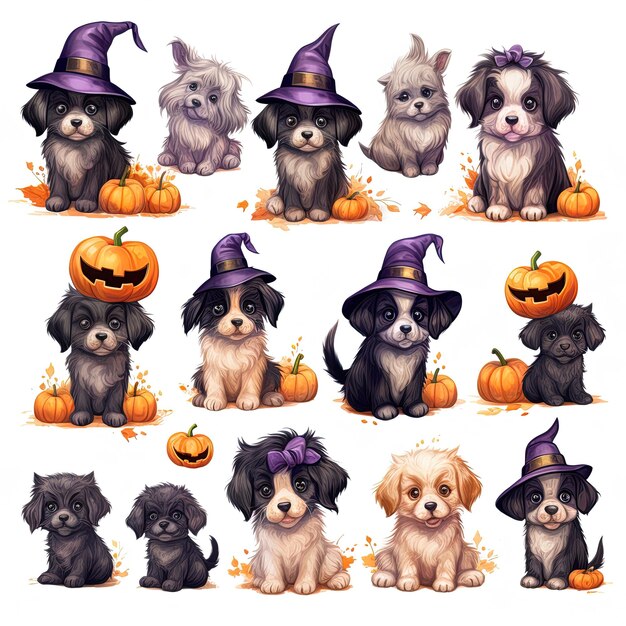 uma coleção de cães com abóboras de halloween e abóboras