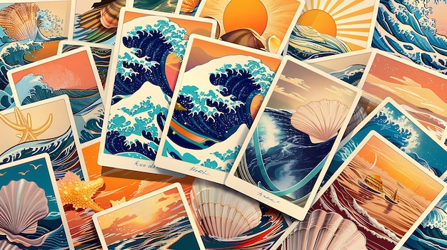 Foto uma coleção de cartões postais vintage com ilustrações de ondas, conchas e outros elementos da praia