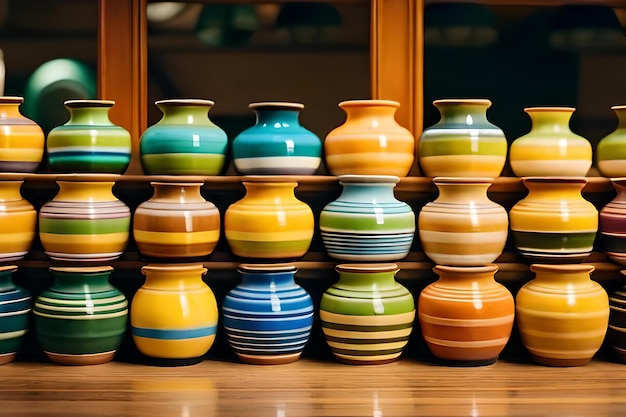 Uma coleção de cerâmica colorida em exposição em uma loja.