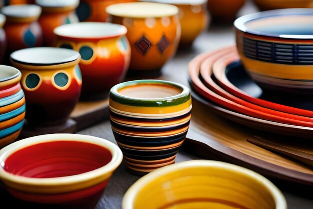 Foto uma coleção de cerâmica colorida, incluindo uma que tem um design azul e amarelo.