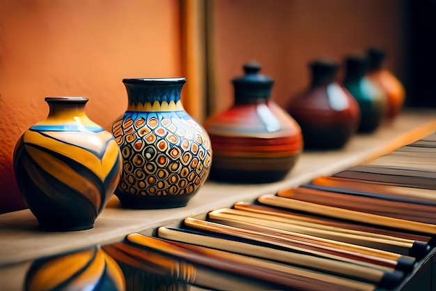 uma coleção de cerâmica em exposição com outras cerâmicas sobre a mesa.