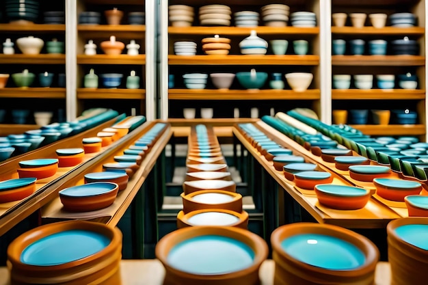 Uma coleção de cerâmica em uma loja com uma que diz cerâmica.