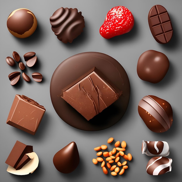 Uma coleção de chocolates, incluindo um que tem um pedaço de chocolate quebrado.