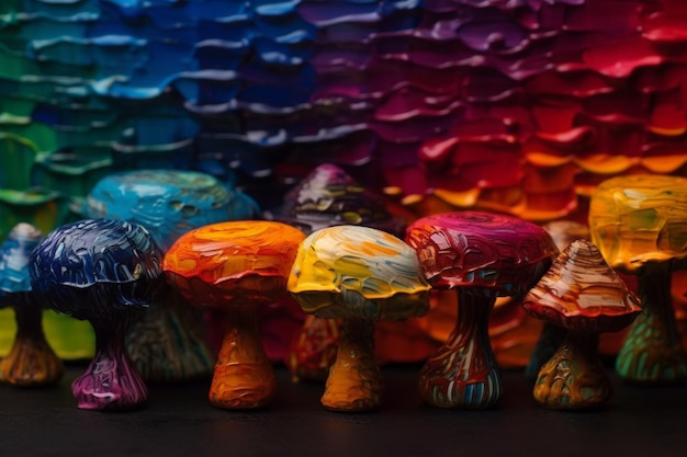 Uma coleção de cogumelos coloridos é exibida em frente a uma parede colorida.