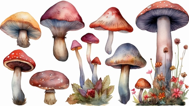 Uma coleção de cogumelos com cores diferentes.