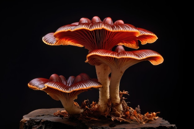 Uma coleção de cogumelos repousa em um tronco de árvore em um cenário natural Ganoderma lucidum Lingzhi cogumelo é destacado em uma representação visual AI Gerado