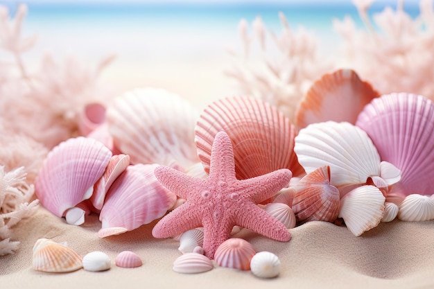 Uma coleção de conchas cor-de-rosa em uma praia de areia vida rosa