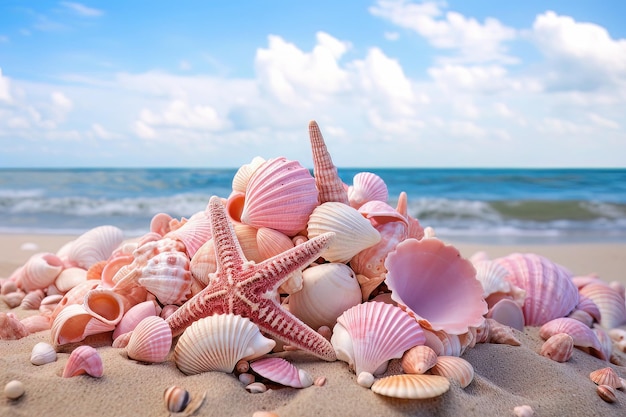 Uma coleção de conchas cor-de-rosa em uma praia de areia vida rosa