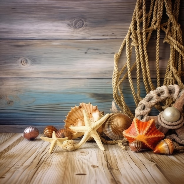 Uma coleção de conchas e estrelas do mar em um fundo de madeira