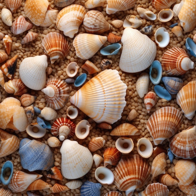 Uma coleção de conchas está em uma praia.