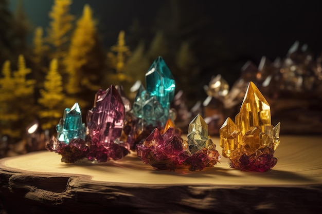 uma coleção de cristais vibrantes dispostos em conjunto sobre uma mesa de madeira
