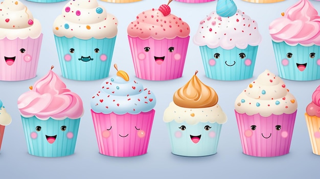 uma coleção de cupcakes com cores diferentes e as palavras feliz aniversário.