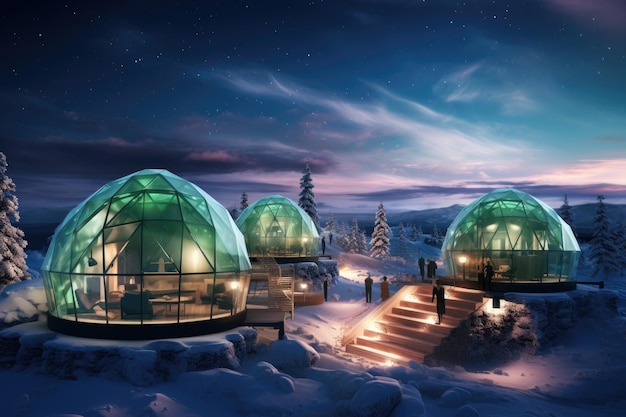 Uma coleção de cúpulas apoiadas em uma paisagem nevada Uma vila de iglus sob a aurora boreal gerada por IA