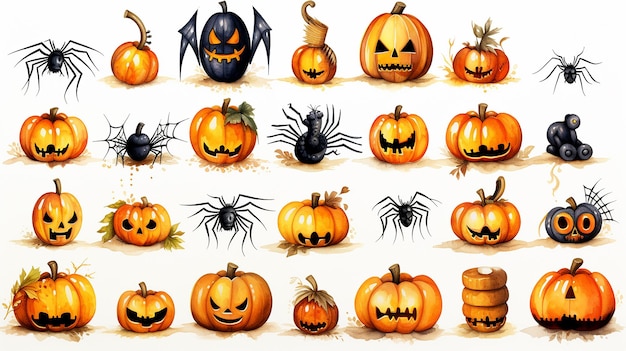 Uma coleção de decorações de Halloween, incluindo morcegos abóboras e teias de aranha