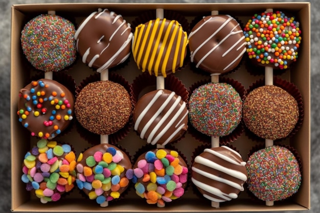 Uma coleção de deliciosos pirulitos de chocolate com várias salpicaduras coloridas em cima em um cardboar
