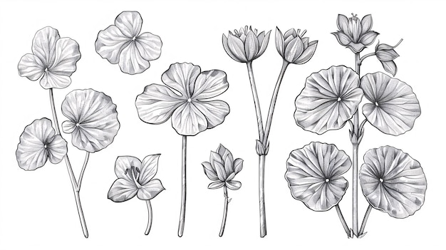 Uma coleção de desenhos monocromáticos desenhados à mão de folhas e flores de Centella asiatica em um estilo gravado para uso em rótulos, adesivos, menus e embalagens