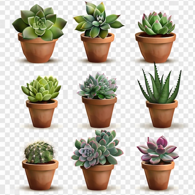 uma coleção de diferentes cactos em vasos