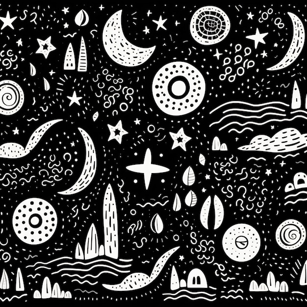 uma coleção de diferentes desenhos, incluindo lua, estrelas e lua.