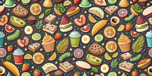 uma coleção de diferentes tipos de alimentos, incluindo frutas e legumes