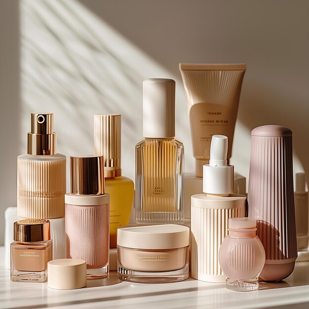 Uma coleção de diferentes tipos de garrafas de perfume em uma prateleira com sombras na parede atrás deles um
