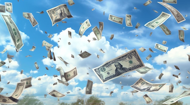 Foto uma coleção de dinheiro está caindo do céu.
