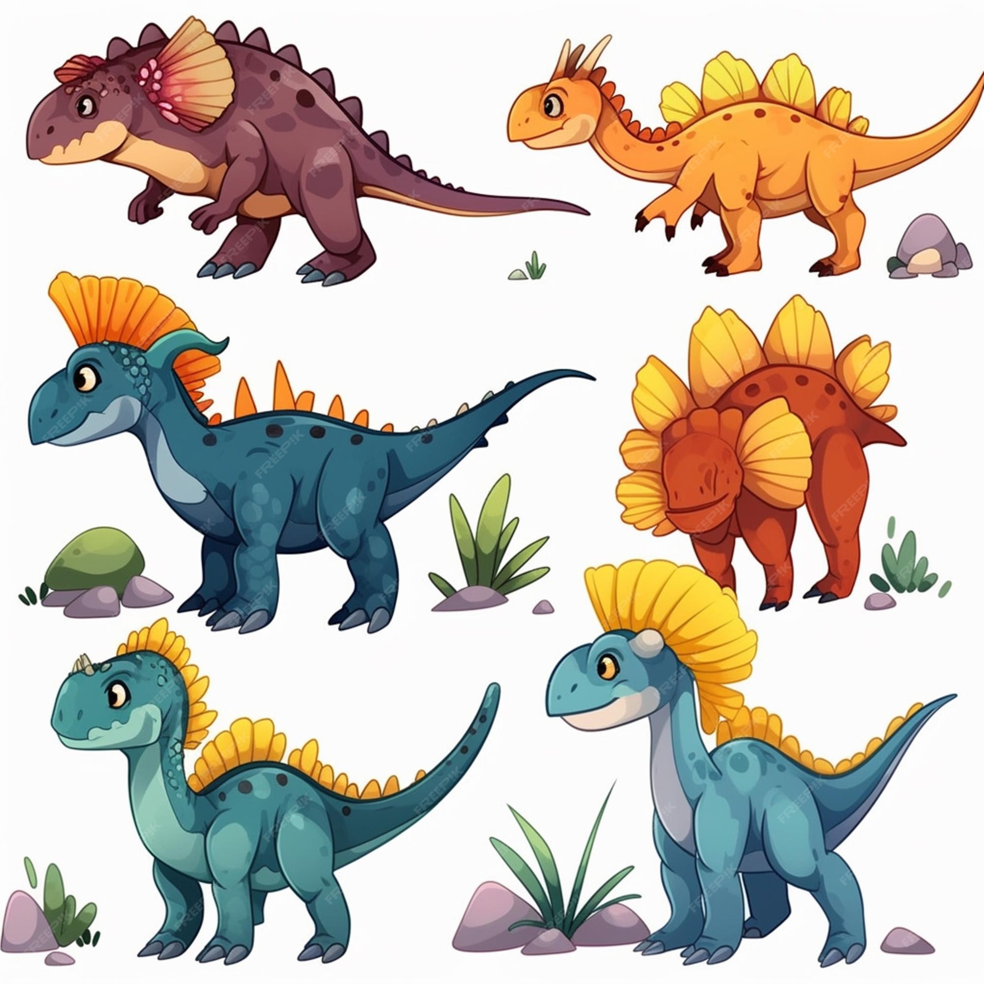 Coleção de dinossauros de desenhos animados de diferentes tipos.