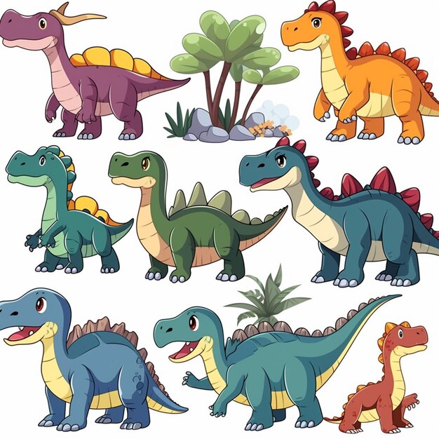 Uma coleção de dinossauros de desenhos animados.