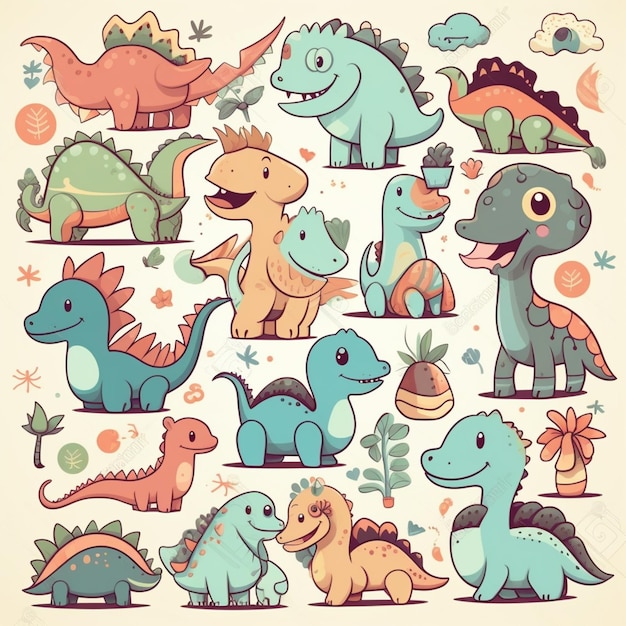 Uma coleção de dinossauros fofos com uma coroa verde.