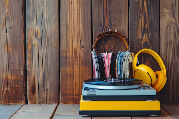 Uma coleção de discos de vinil antigos dispostos em uma pilha com um tocador de discos retro e fones de ouvido