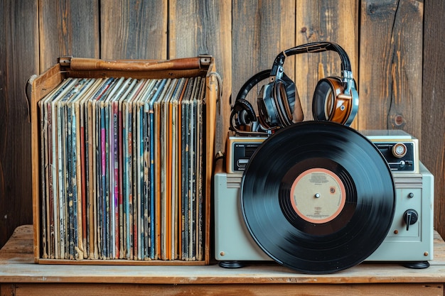 Uma coleção de discos de vinil antigos dispostos em uma pilha com um tocador de discos retro e fones de ouvido