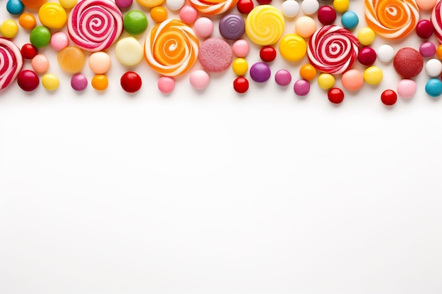 uma coleção de doces coloridos em um fundo branco.