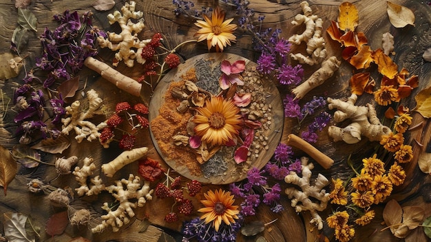 Uma coleção de ervas e raízes secas dispostas em padrões intrincados em uma superfície de madeira