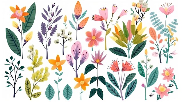 Uma coleção de flores coloridas da primavera com folhas de ramos florais e folhagens isoladas em um fundo branco IA generativa