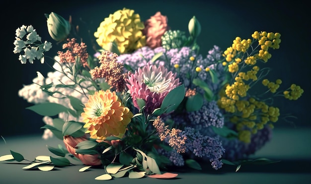 Uma coleção de flores coloridas da primavera dispostas em um buquê