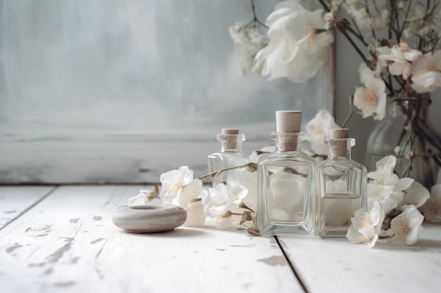 Uma coleção de frascos de perfume com flores na mesa