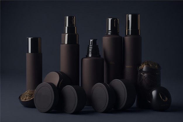 Uma coleção de frascos pretos de produtos capilares, incluindo um frasco de xampu.